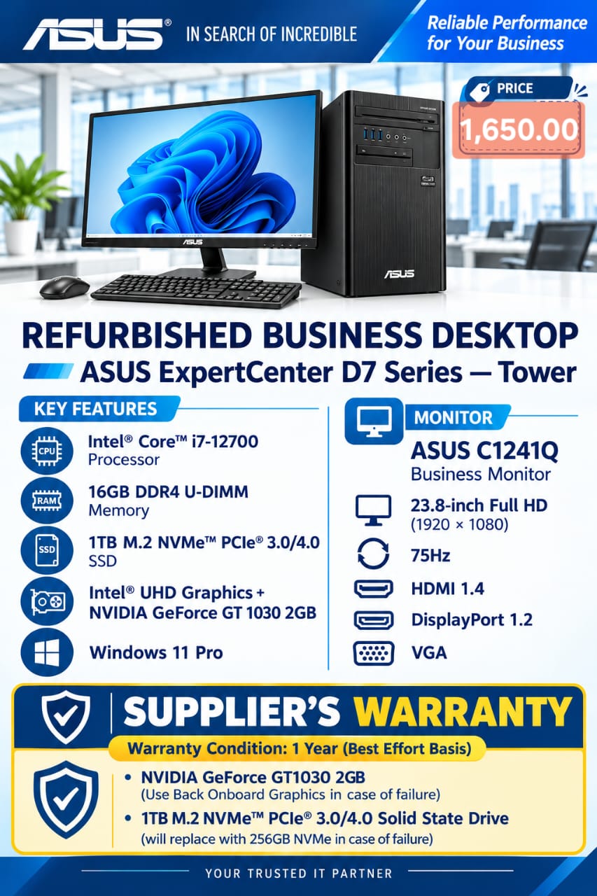 Refurbished ASUS ExpertCenter D7 Series Tower Promotion with 23.8-inch FHD Monitor for RM 1,650